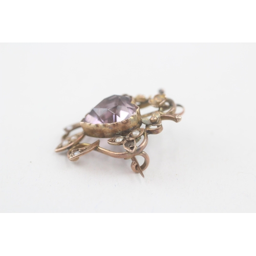 42 - 9ct gold antique amethyst & seed pearl brooch (3.6g)