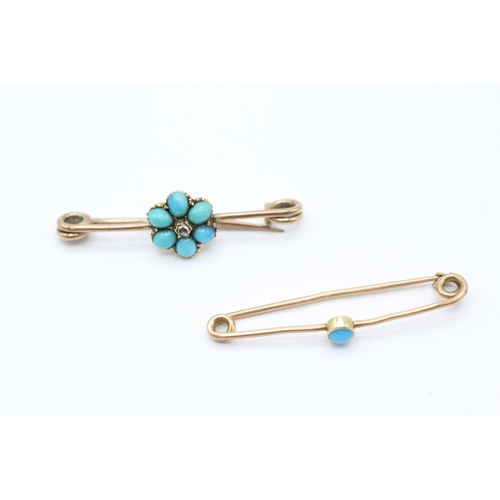 113 - 2 x 9ct gold turquoise and diamond bar brooches (2.5g)