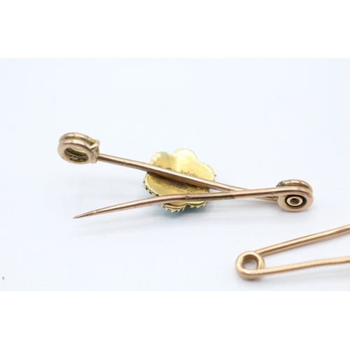 113 - 2 x 9ct gold turquoise and diamond bar brooches (2.5g)