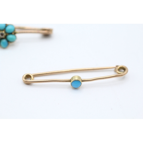 113 - 2 x 9ct gold turquoise and diamond bar brooches (2.5g)