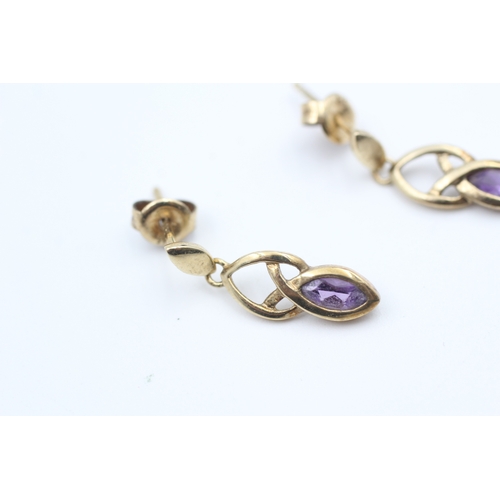 13 - 9ct gold marquise cut amethyst set Celtic knot drop earrings (1.5g)