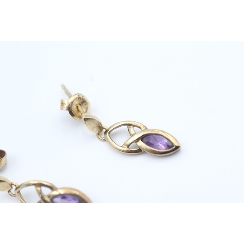 13 - 9ct gold marquise cut amethyst set Celtic knot drop earrings (1.5g)