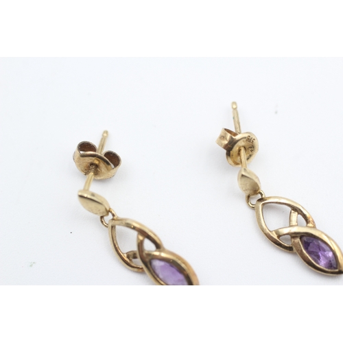 13 - 9ct gold marquise cut amethyst set Celtic knot drop earrings (1.5g)