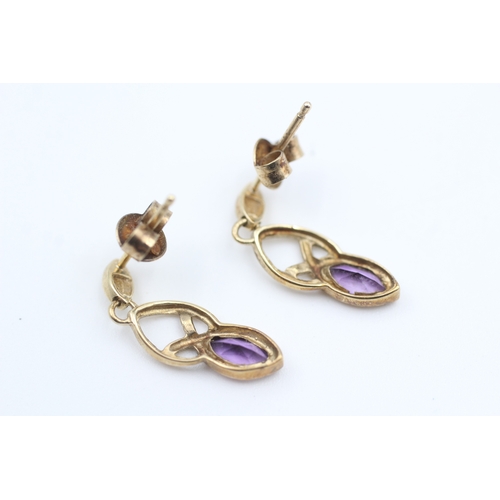 13 - 9ct gold marquise cut amethyst set Celtic knot drop earrings (1.5g)