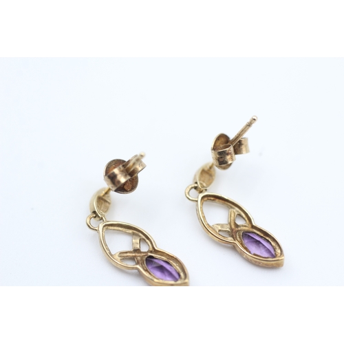 13 - 9ct gold marquise cut amethyst set Celtic knot drop earrings (1.5g)