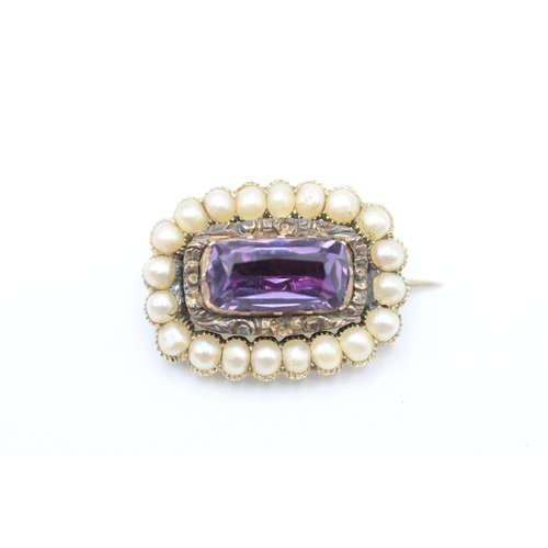 54 - 9ct gold antique foiled back amethyst & seed pearl brooch (3.7g)