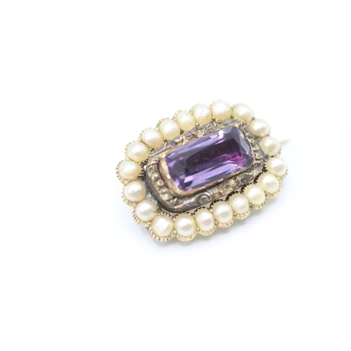 54 - 9ct gold antique foiled back amethyst & seed pearl brooch (3.7g)