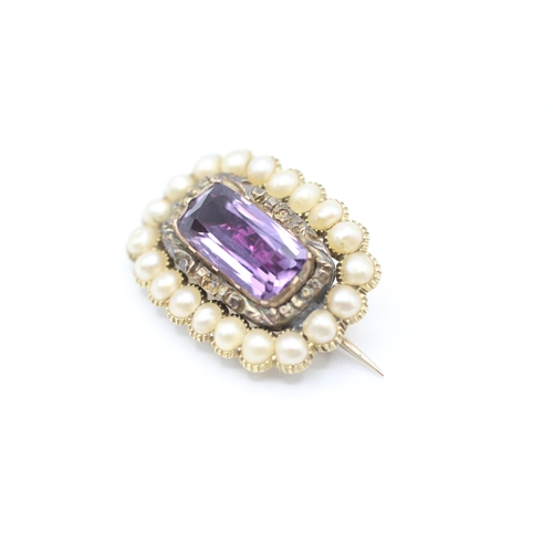 54 - 9ct gold antique foiled back amethyst & seed pearl brooch (3.7g)