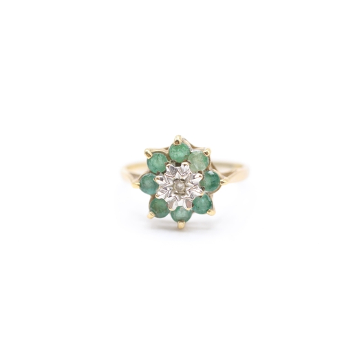 59 - 9ct gold emerald & diamond cluster ring (2g) Size L