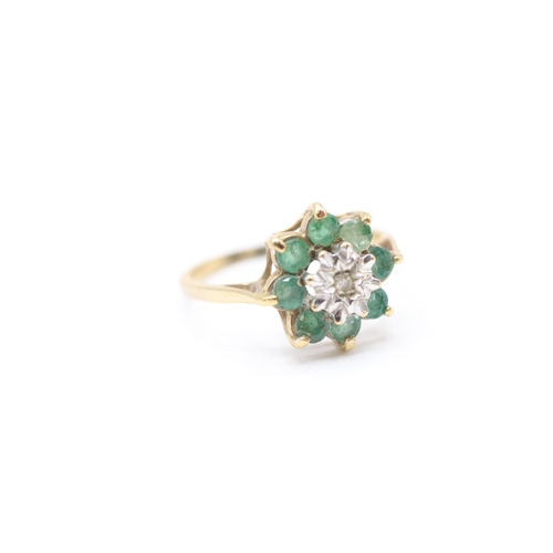 59 - 9ct gold emerald & diamond cluster ring (2g) Size L