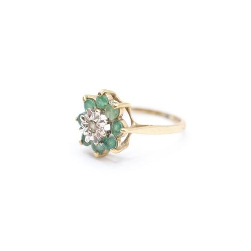 59 - 9ct gold emerald & diamond cluster ring (2g) Size L