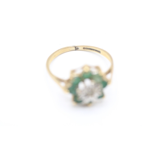 59 - 9ct gold emerald & diamond cluster ring (2g) Size L