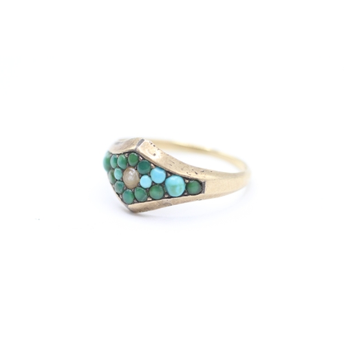 91 - 9ct gold turquoise & seed pearl cluster ring (2.5g) Size O
