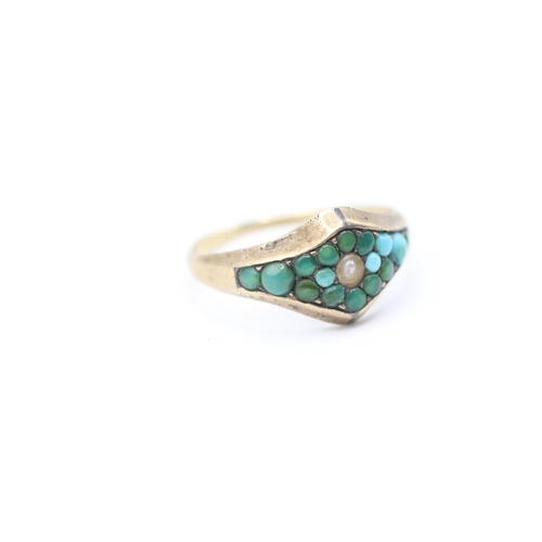91 - 9ct gold turquoise & seed pearl cluster ring (2.5g) Size O