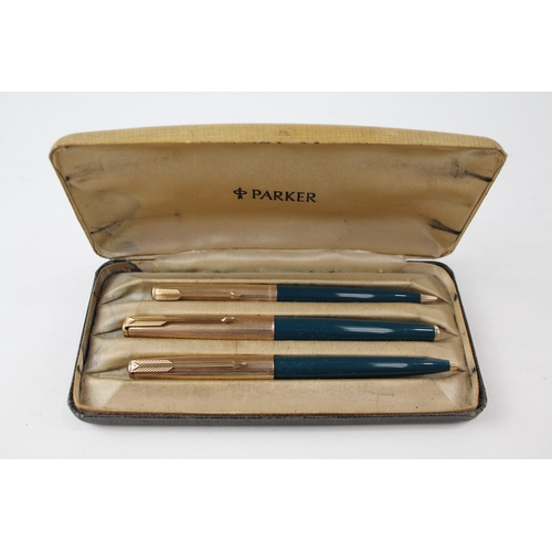 388 - Vintage Parker 61 Teal Fountain Pen w/ 14ct Gold Nib, Rolled Gold Cap, Ballpoint