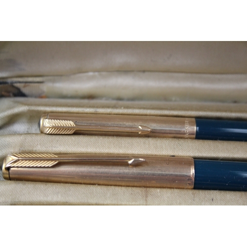 388 - Vintage Parker 61 Teal Fountain Pen w/ 14ct Gold Nib, Rolled Gold Cap, Ballpoint