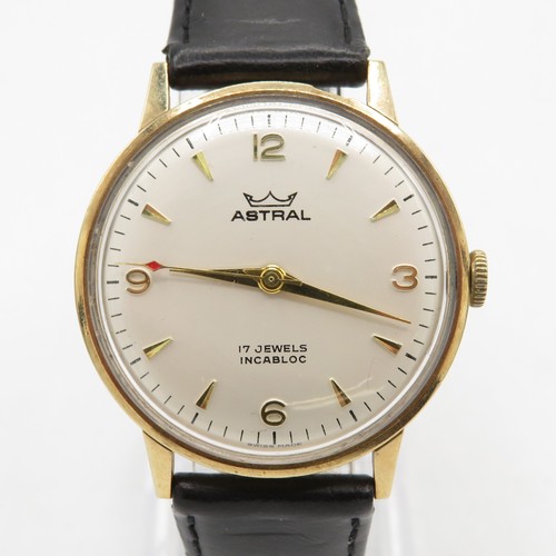 366 - Astral 17 Jewel Incabloc Manual Wind Wristwatch.  Watch Runs.  9ct Gold Case.  Inscription to back f... 