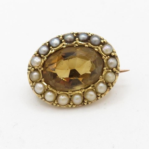 105 - 9ct gold antique citrine & seed pearl brooch (2.5g)