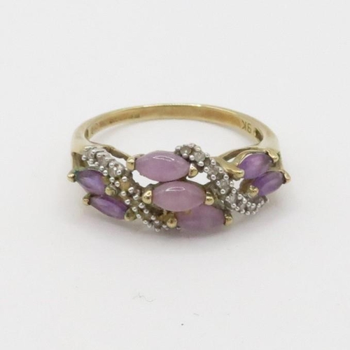 61 - 9ct gold amethyst, lavender jade & diamond dress ring (2.9g) Size  S