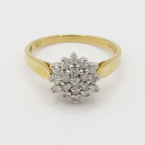 99 - 9ct gold diamond cluster ring (3.5g) Size  N