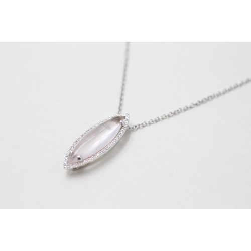 102 - 9ct white gold diamond and rose quartz pendant on chain (3.2g)