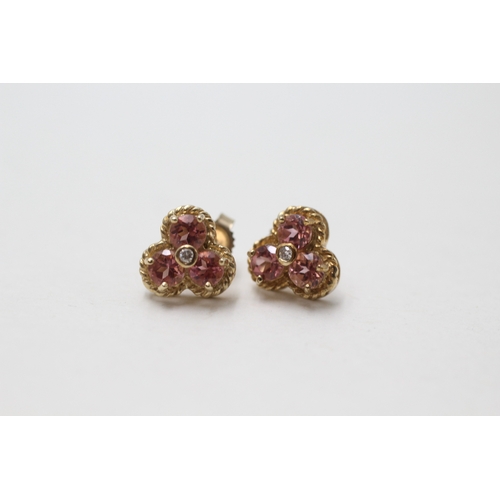 104 - 9ct gold pink tourmaline & diamond cluster stud earrings (1.9g)