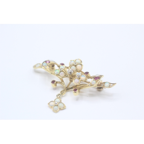 35 - 18ct gold antique diamond, opal & ruby floral brooch (5.6g)