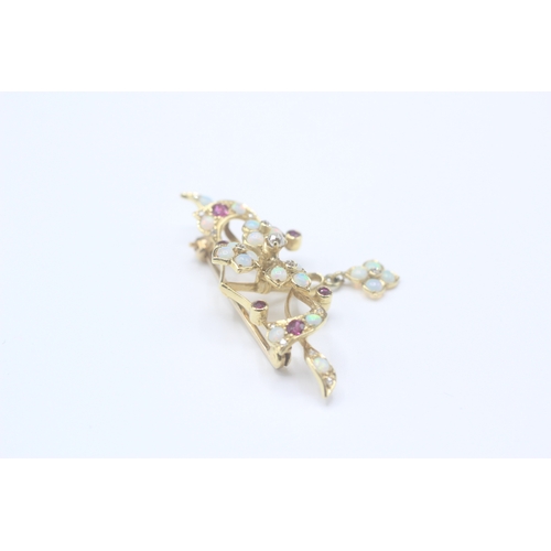 35 - 18ct gold antique diamond, opal & ruby floral brooch (5.6g)