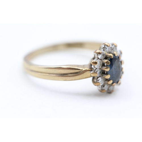 43 - 9ct gold diamond and sapphire halo ring (2.5g) Size  M