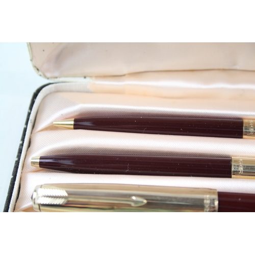 491 - Vintage Parker 51 Burgundy Fountain Pen w/ 14ct Nib, Rolled Gold Cap, Ballpoint