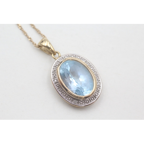 51 - 9ct gold blue topaz and diamond halo pendant on chain (5.1g)