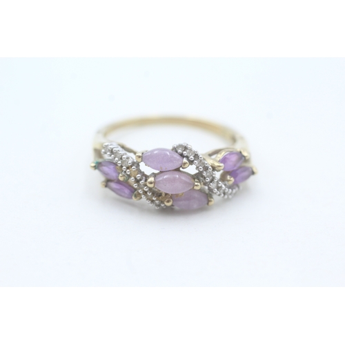 61 - 9ct gold amethyst, lavender jade & diamond dress ring (2.9g) Size  S