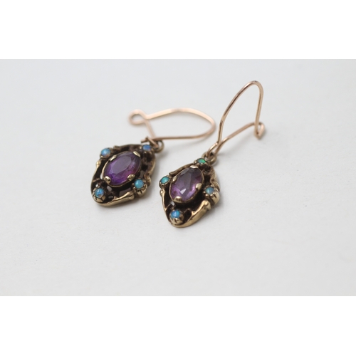 77 - 9ct gold amethyst and opal drop earrings (2g)