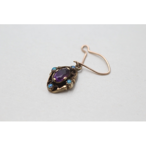 77 - 9ct gold amethyst and opal drop earrings (2g)