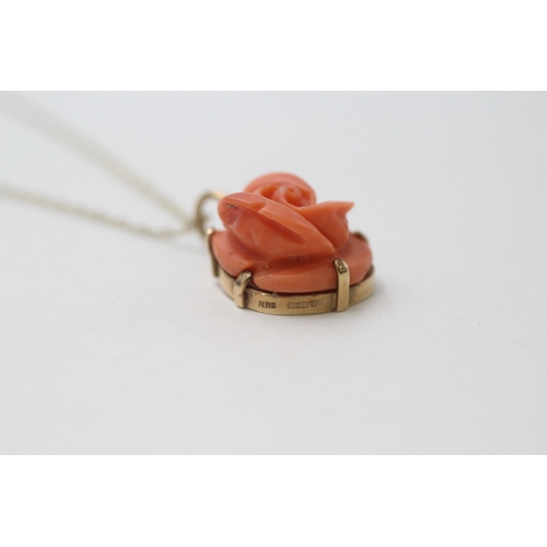 82 - 9ct gold carved coral pendant on chain (4.1g)