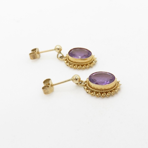 60 - 9ct gold amethyst drop earrings (1.6g)