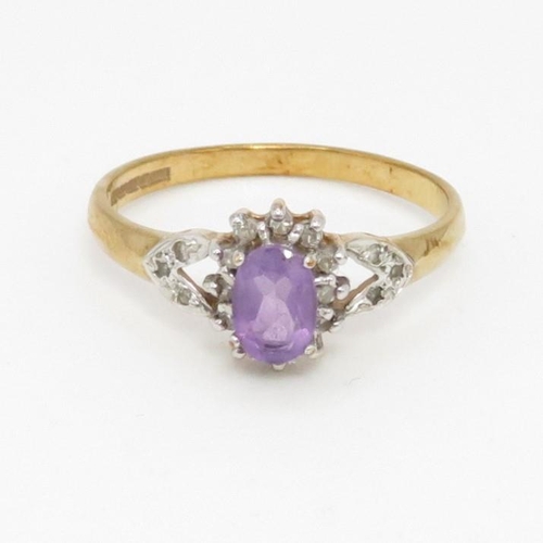 30 - 9ct gold amethyst and diamond halo ring (1.8g) Size O 1/2