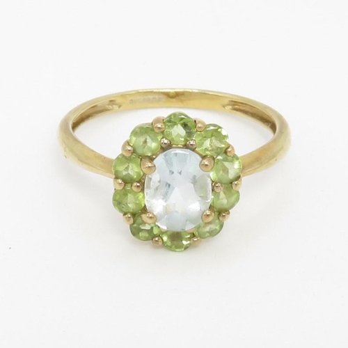 36 - 9ct gold aquamarine & peridot oval cluster ring (2.5g) Size U