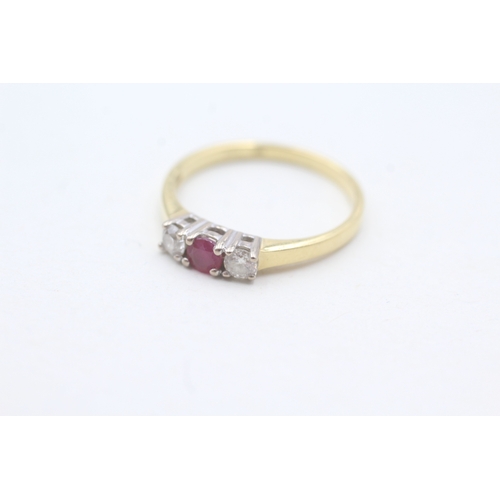 103 - 18ct gold ruby & diamond three stone ring (2.7g) Size O 1/2