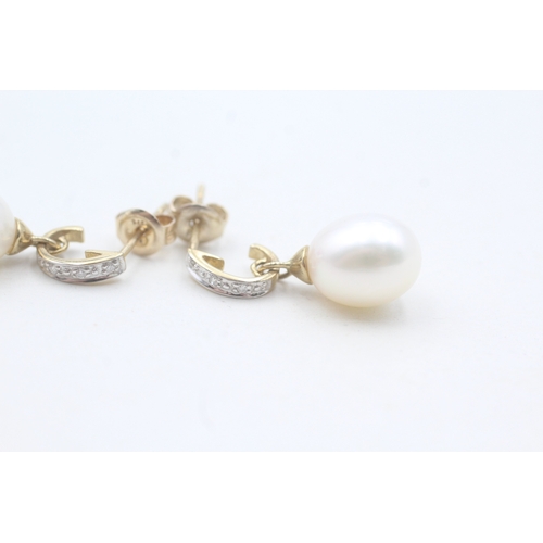 109 - 9ct gold cultured pearl & diamond drop earrings (3.6g)