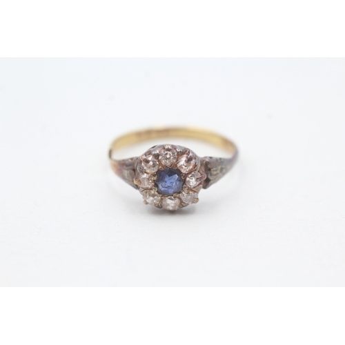 116 - 18ct gold antique sapphire & diamond cluster ring set in 15ct, condition: split in band (2.2g) Size ... 