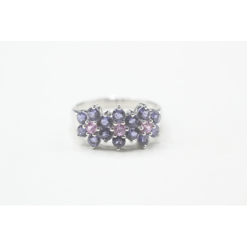 179 - 14ct white gold iolite & pink sapphire floral cluster ring (4.2g) Size R 1/2