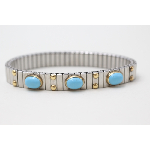 203 - 18ct gold & stainless steel synthetic turquoise charm bracelet by Nominahin (19.2g)