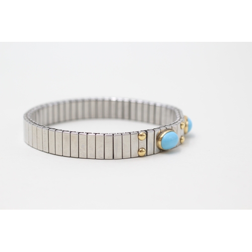 203 - 18ct gold & stainless steel synthetic turquoise charm bracelet by Nominahin (19.2g)