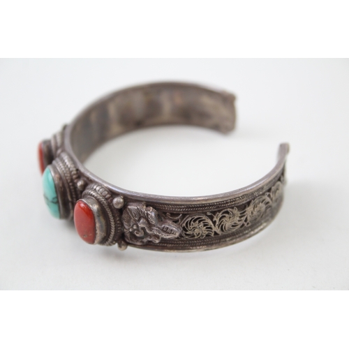 236 - Sterling Silver Oriental Torque Bangle w/ Turquoise & Coral 42g