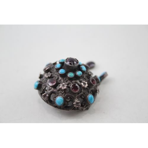 242 - Antique Silver Dome Brooch inc. Turquoise, Garnet 9g