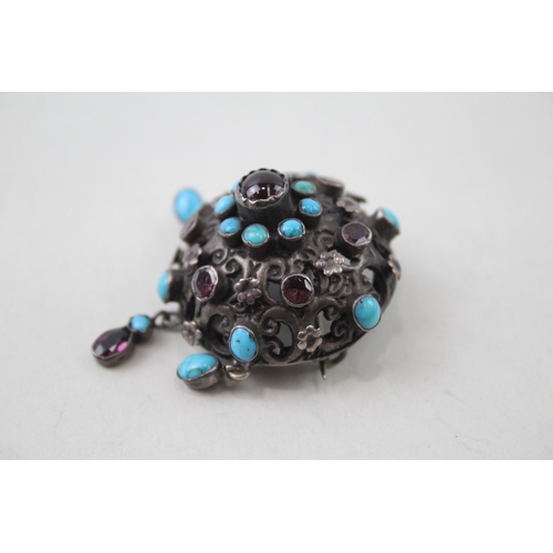 242 - Antique Silver Dome Brooch inc. Turquoise, Garnet 9g