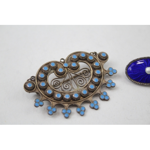 247 - Collection of Silver Marius Hammer Brooches inc. Enamel, Filigree x 2 13g