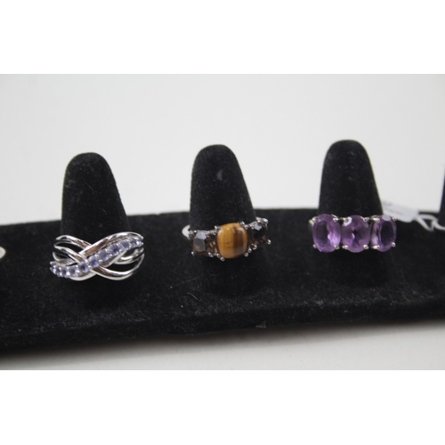 256 - Collection of Sterling Silver Gemstone Rings inc. Tanzanite, Tigers Eye x 6 11g