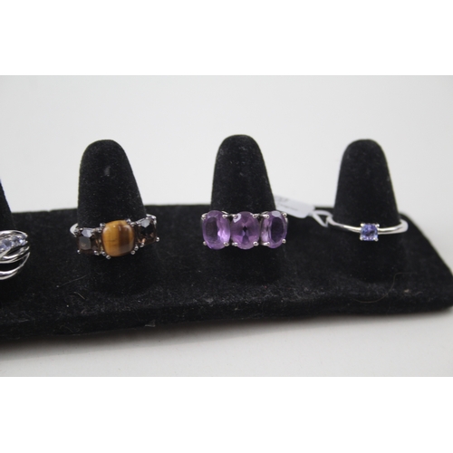 256 - Collection of Sterling Silver Gemstone Rings inc. Tanzanite, Tigers Eye x 6 11g